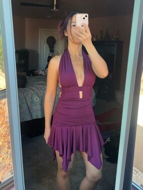 3 for $20 - Fashion Nova XS Plunge Halter Purple Ruched Mini Dress